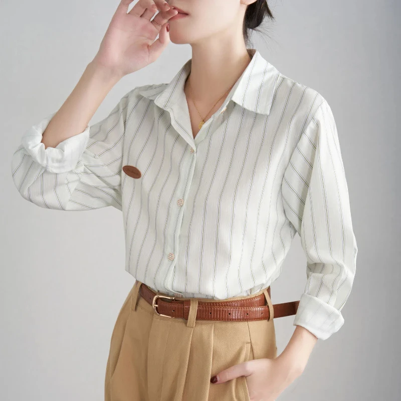 Green Striped Shirt for Women Trendy 2024 Spring and Autumn New Item Chiffon Top Long Sleeved Loose Fit Casual Shirt