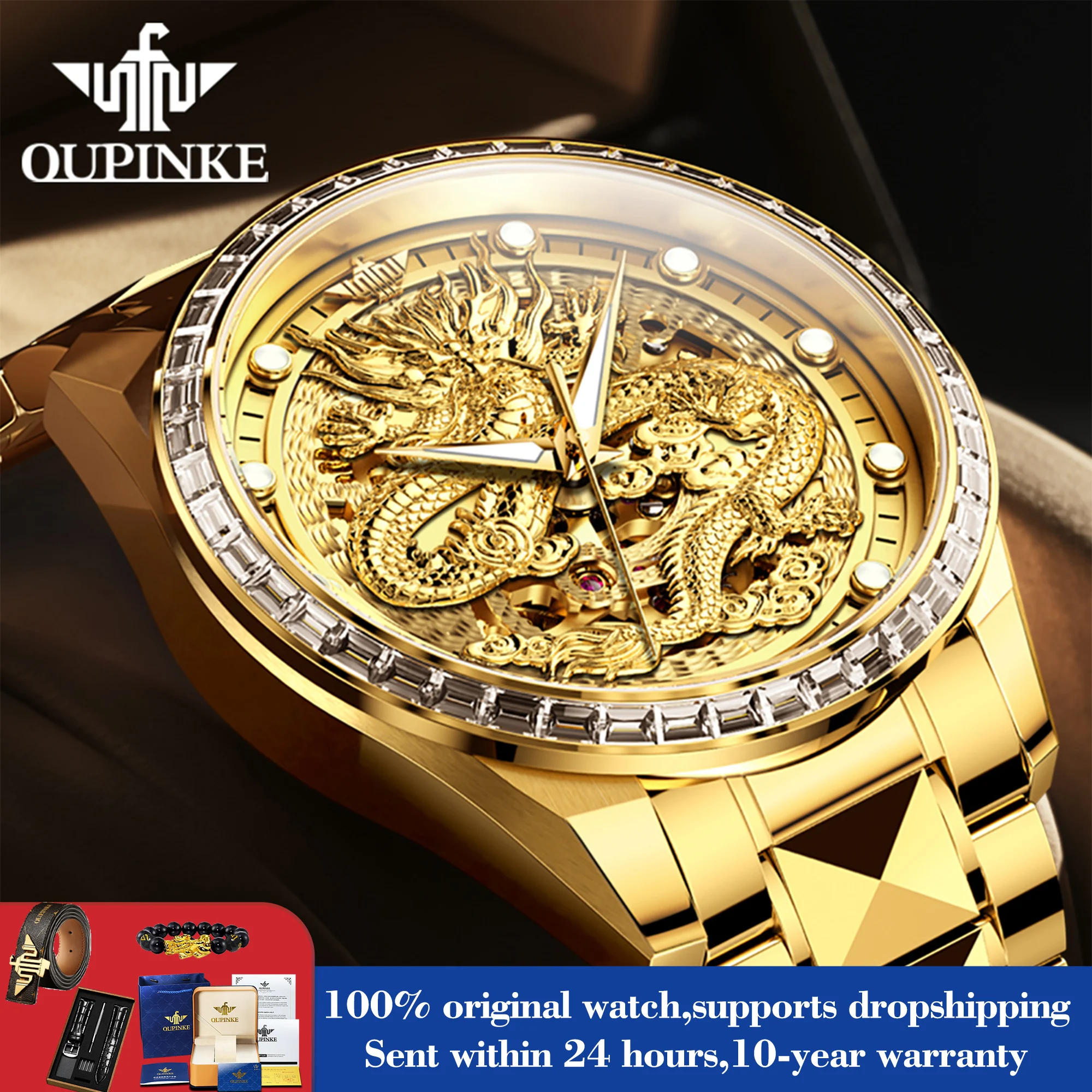 OUPINKE 3276 New Luxury Dragon Wrist Watches Tungsten Steel Waterproof Mechanical Watch For Men Top Brand Man Hand Clock 2024