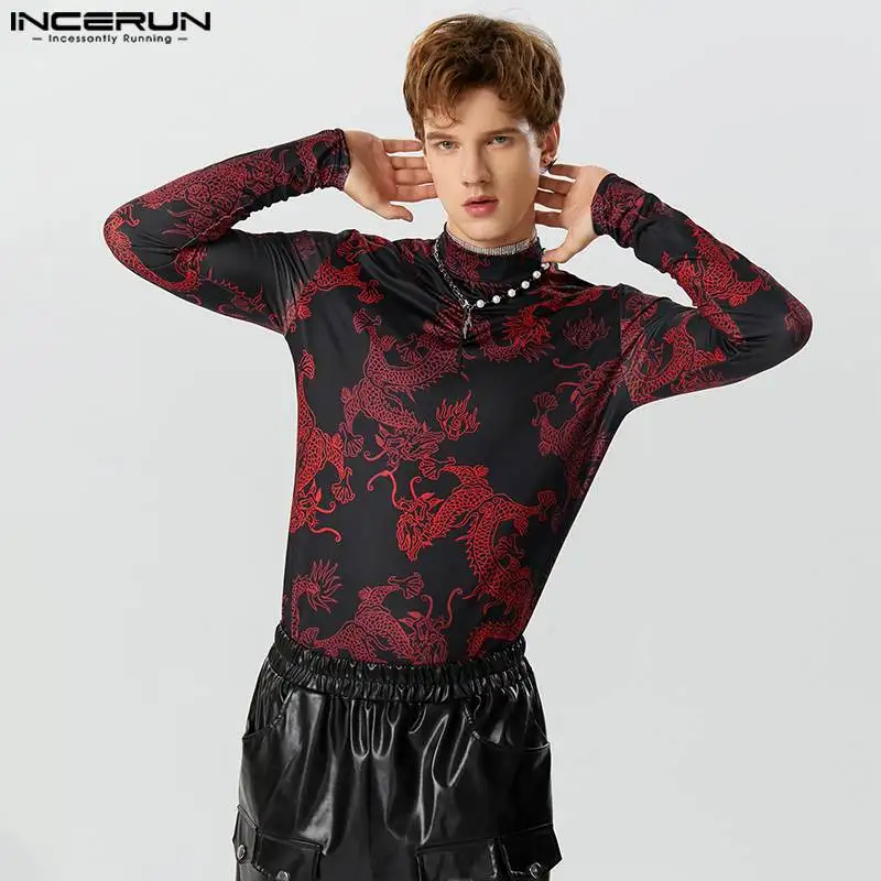 INCERUN Men T Shirts Vintage Printing Turtleneck Long Sleeve Autumn Casual Camisetas Streetwear 2023 Fitness Undershirt S-5XL