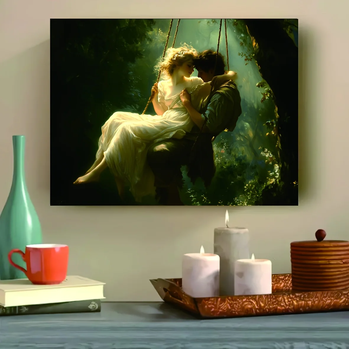 1pc Romantic Forest Swing Canvas Print, Abstract Couple Painting, Oil-Resistant Wall Art, Frameless, 12-16 inch, for Living R