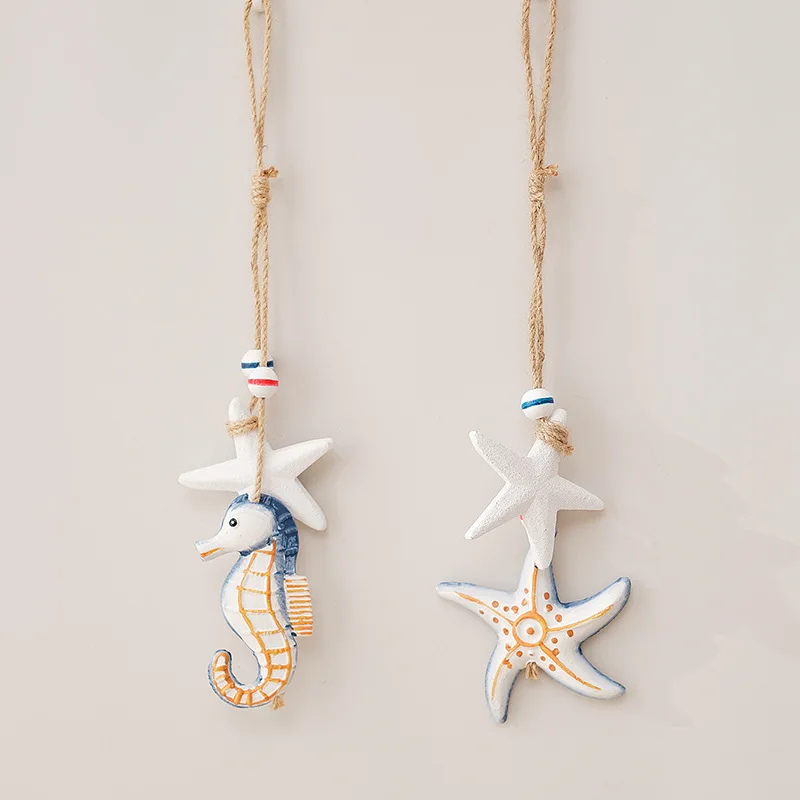 Mediterranean Decoration Starfish Fish Skewers Hanging Wooden Fish Curtains Decoration Fishing Nets Background Decoration