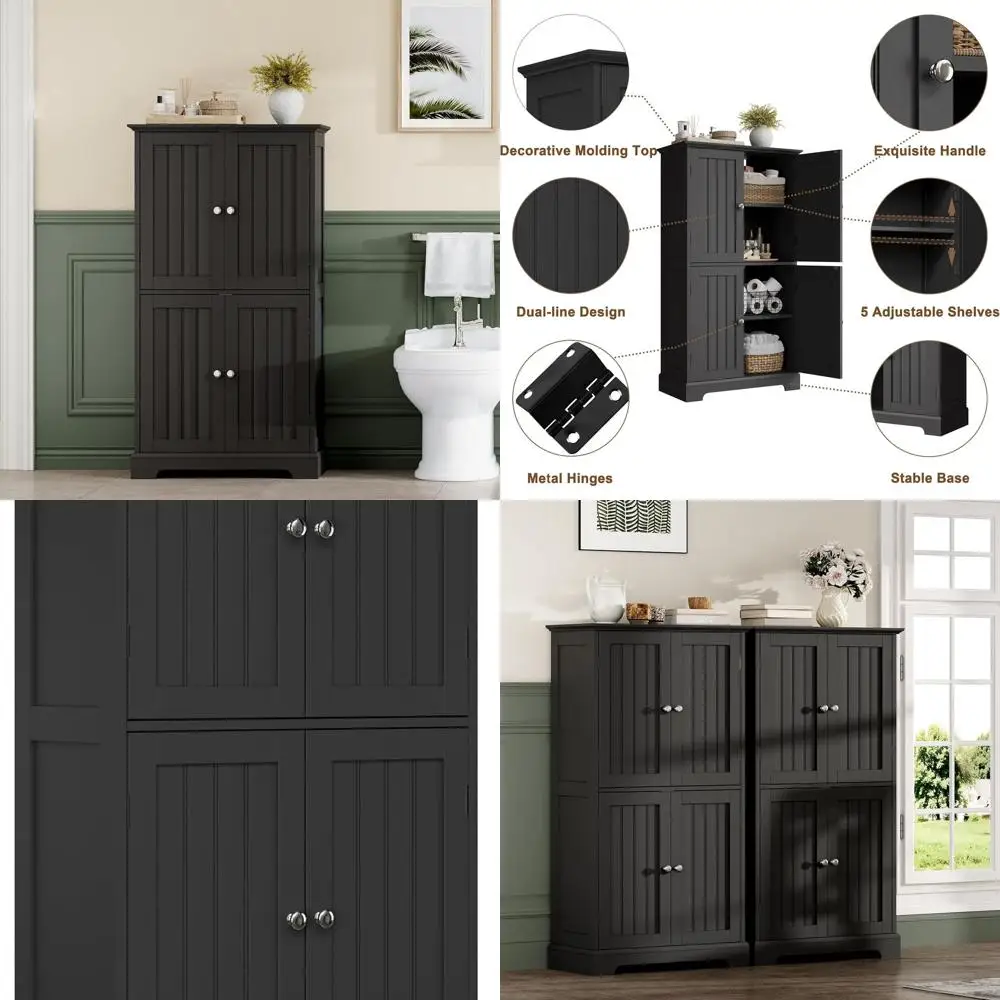 

Современный черный отдельно стоящий шкаф для хранения в ванной комнате с 4 дверцами и регулируемыми полками для использования в гостиной