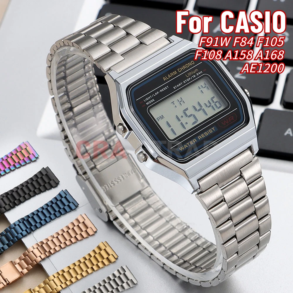 18mm Ultra-thin Watchband StainlessSteel Strap for CASIO for F91W F84 F105 F108 A158 A168 AE1200/1300 B650 AQ230 Metal Men Strap