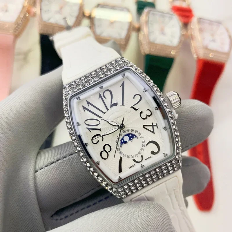 2025年ファッショナブルな大型メンズ腕時計、ダイヤモンドがちりばめられた防水レザーストラップ、バケット型レディース腕時計、ダイヤモンド象嵌入り
