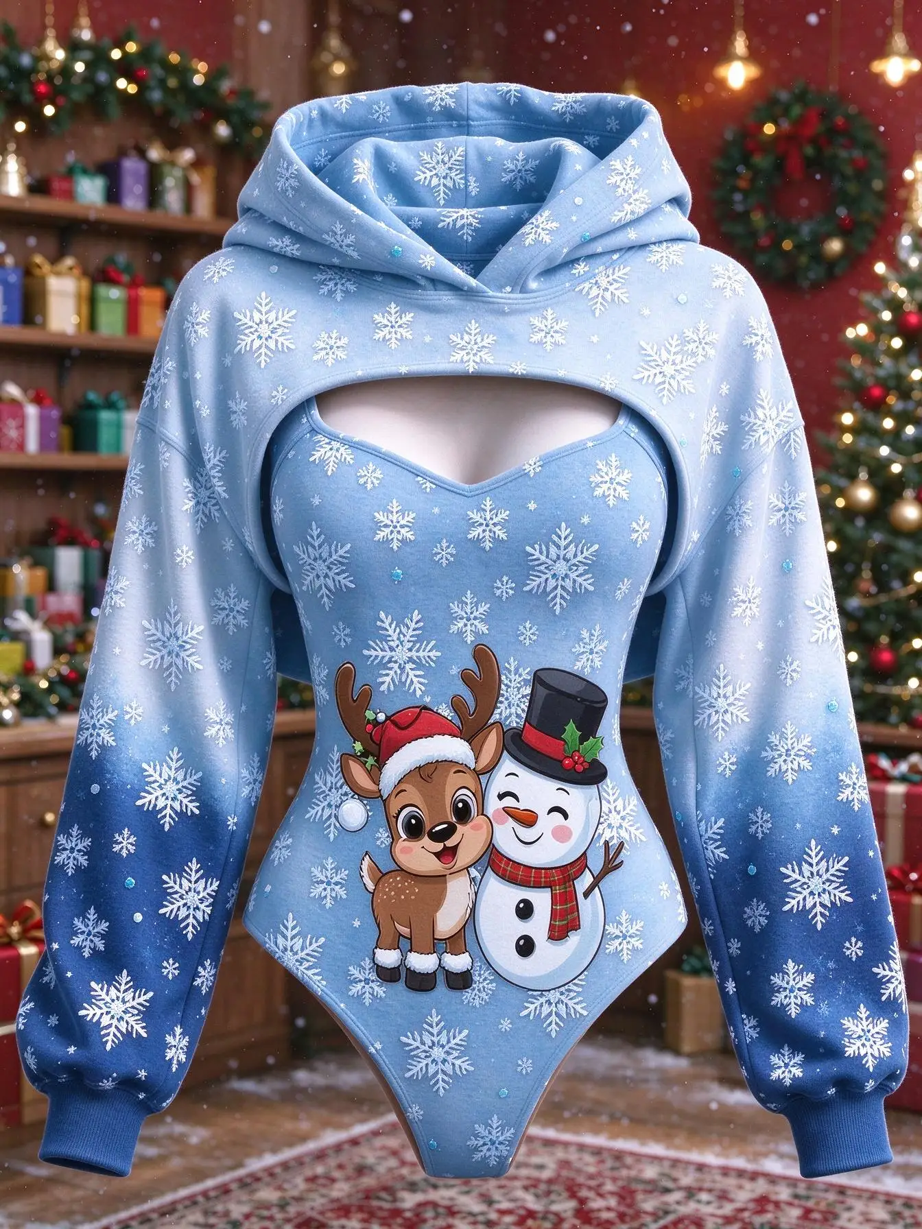 Christmas Women 2 Piece Set Red Snowflake Reindeer & Snowman Print Bodysuit Hooded Shrug Xmas Party Outfit