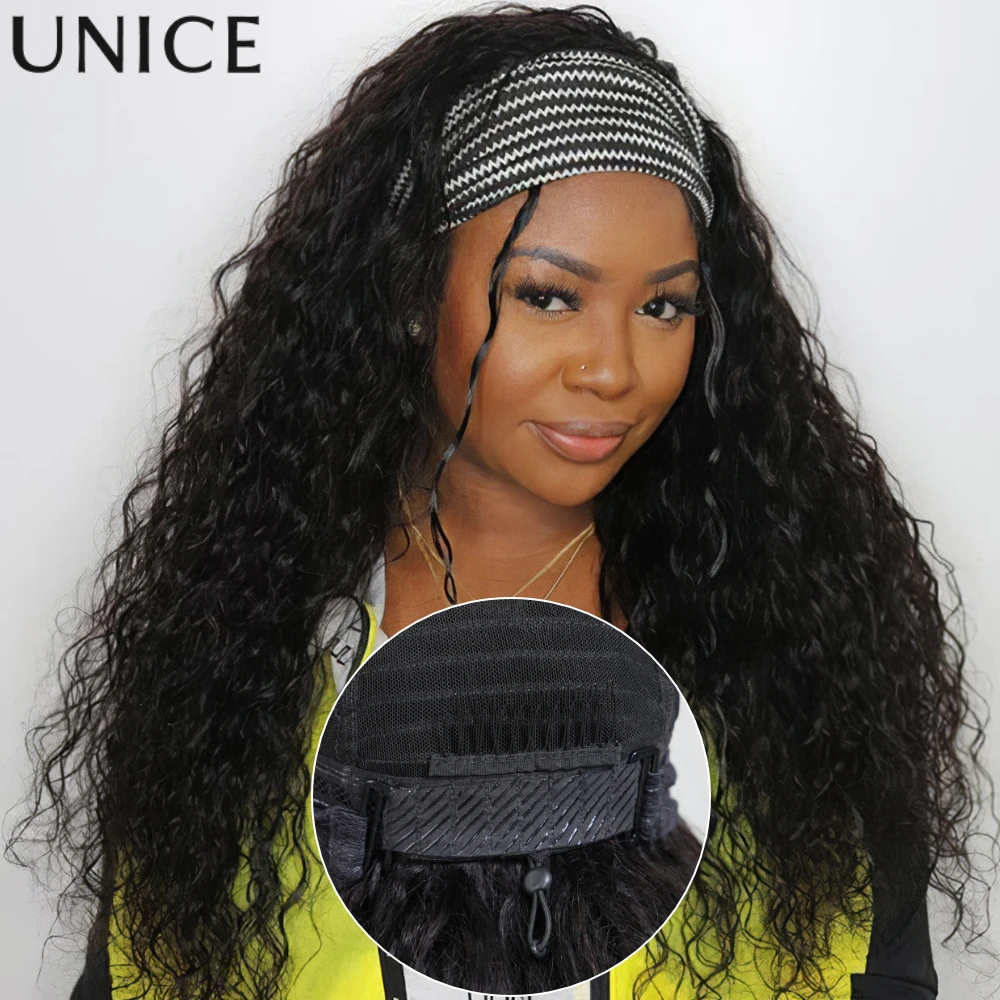 

Unice Hair New Water Wave Human Hair Headband Wig With Invisi Drawstring Mesh Lace Headband Wig Better Fit More Comfortable