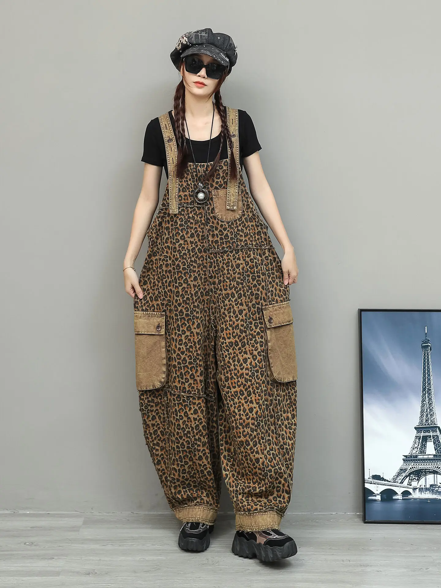 Cool Leopard Print Work Jumpsuit Women Summer Loose Distressed Thin Denim Sleeveless Jumpsuit ZXY085 - Image 4