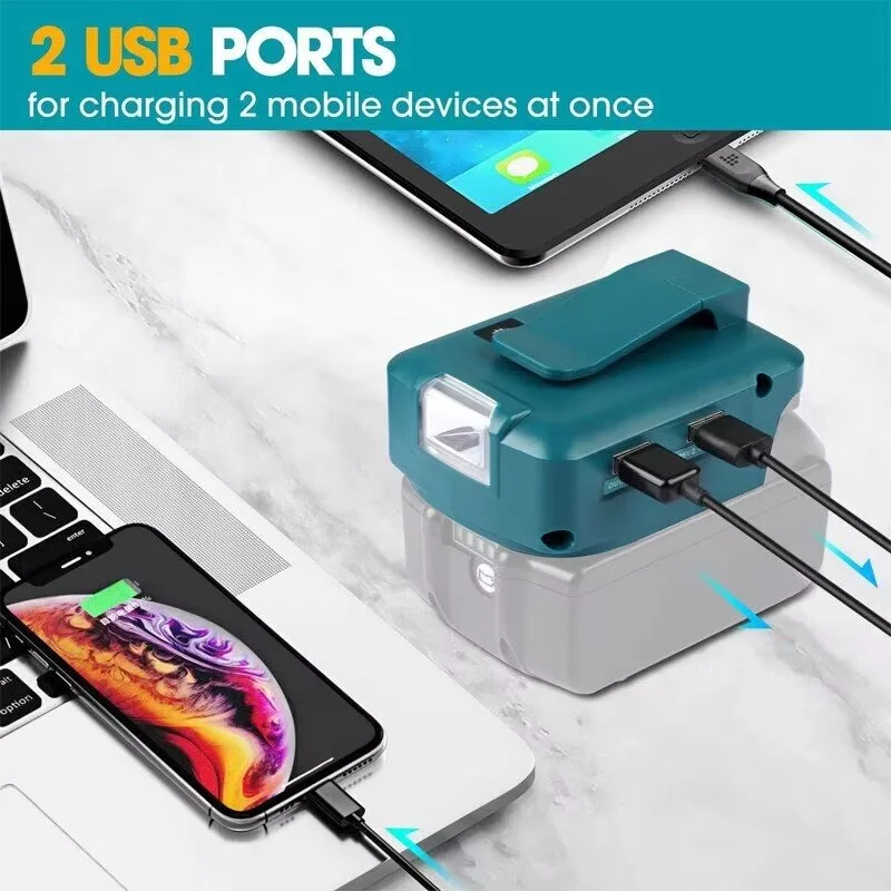 Adaptador de luz LED de trabajo para Makita, 14,4 V/18V, batería de litio BL1830 BL1430, convertidor USB Dual con lámpara LED para Makita
