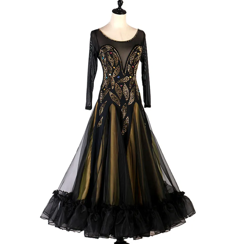 Round neck long sleeve ballroom dance dress with golden leaf pattern and colorful rhinestones full skirt,suitable for dance comp
