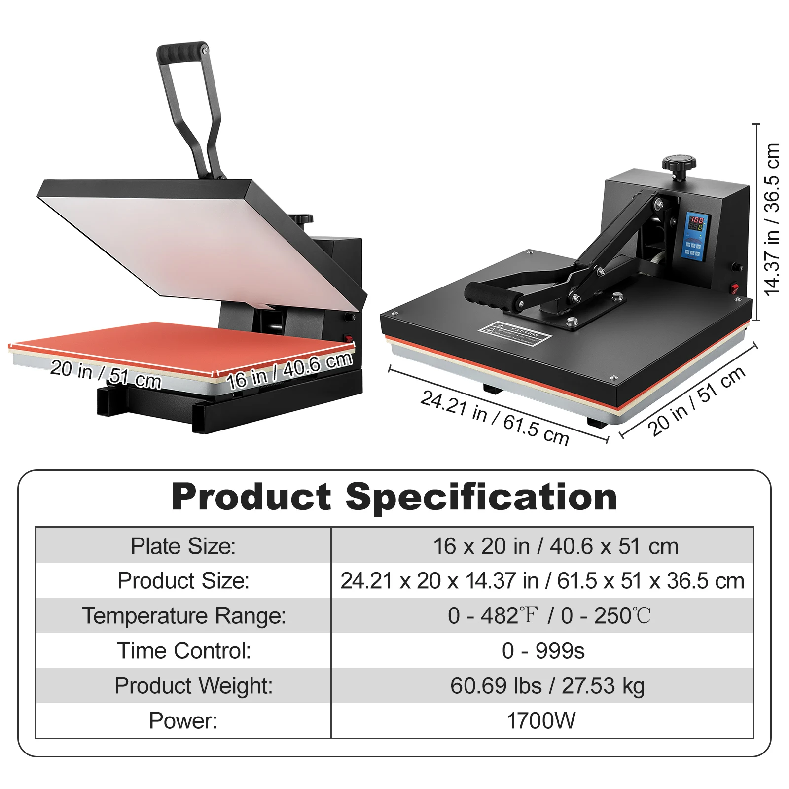 SucceBuy Warmtepersmachine 15" x 15" /16" x 20" /16" x 24" Sublimatieprinter Handmatige Clamshell Transfer op DIY T-shirt Kussen