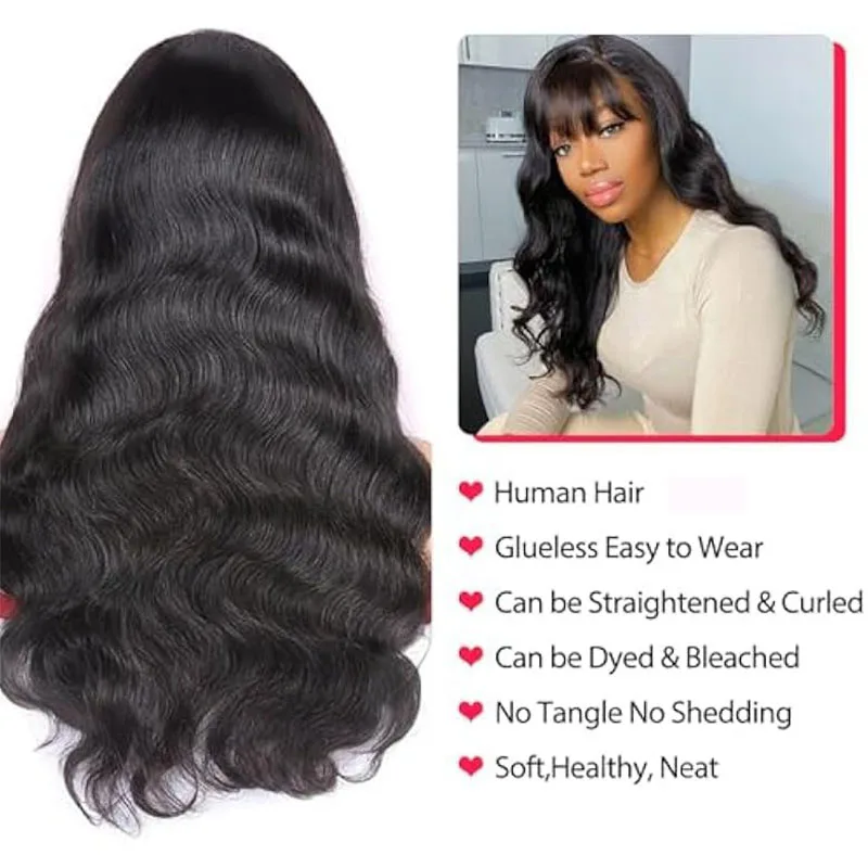 Body Wave Wigs With Bangs 3X1 Middle Part Wig Natural Black Human Hair Wigs Full Machine Made Brazilian Wig For Black Women