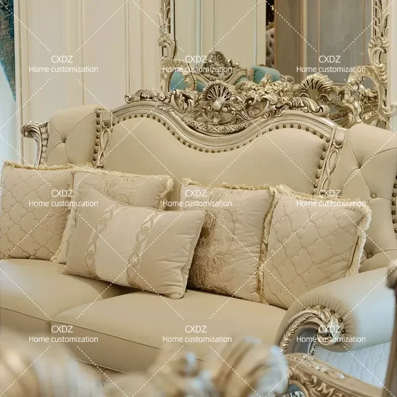 Light Luxury Court Style Fabric Sofa with Solid Wood Carved Floral Details for Living Room Small Apartment or Villa 2025 New