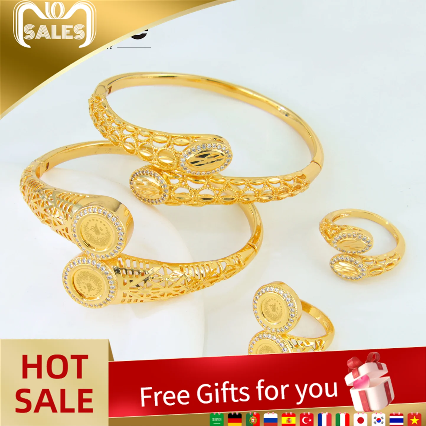

Luxury Saudi Gold Bracelet Set 21k Gold Plated High Quality Nigeria Wedding Cuff Bangles Ring Dubai Women Event Party Jewelry