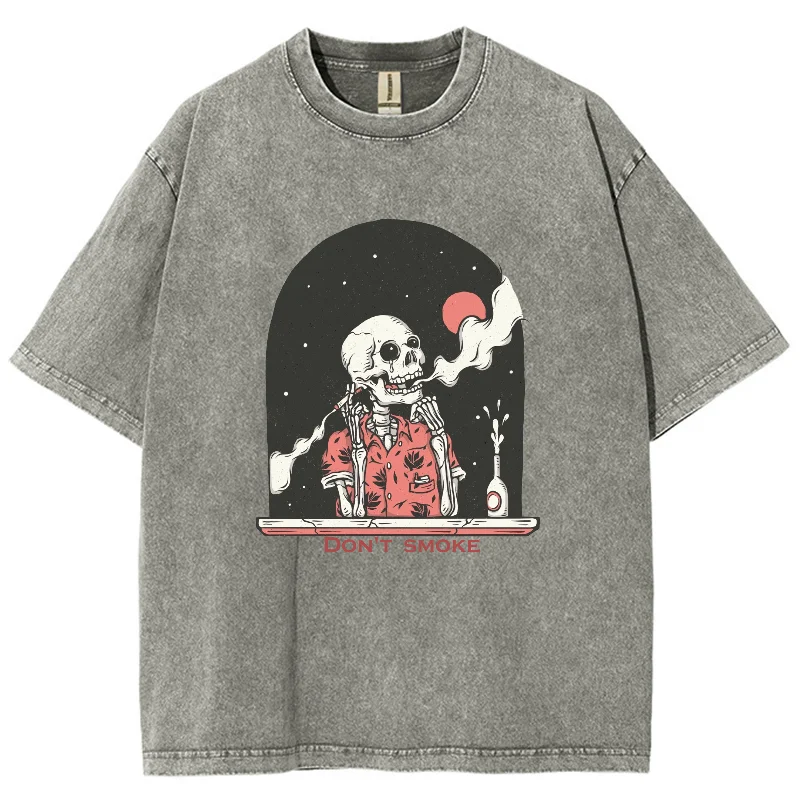 Amerikaanse Vintage Skull Print T-Shirt Unisex Mannen & Vrouwen Mode Oversized Losse Wash Korte Mouw Fashion Design Ronde Hals Top