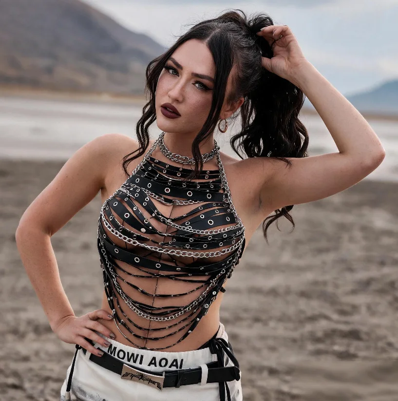 AKYZO European And American Sexy Hot Girl Tag Leather Harness Multi-Layer Hollow Vest Music Festival Party Outfit Top For Women