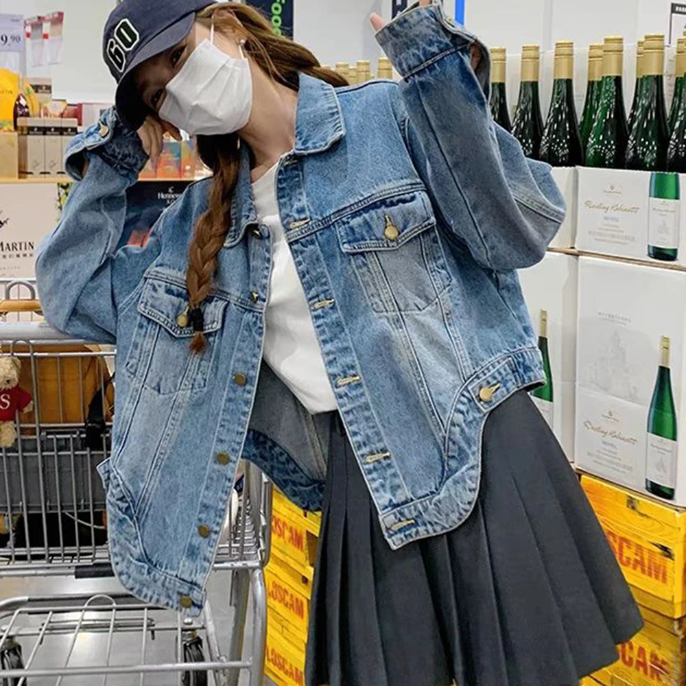 Blue washed denim jacket for women's small spring and autumn new fashion versatile irregular denim casual top