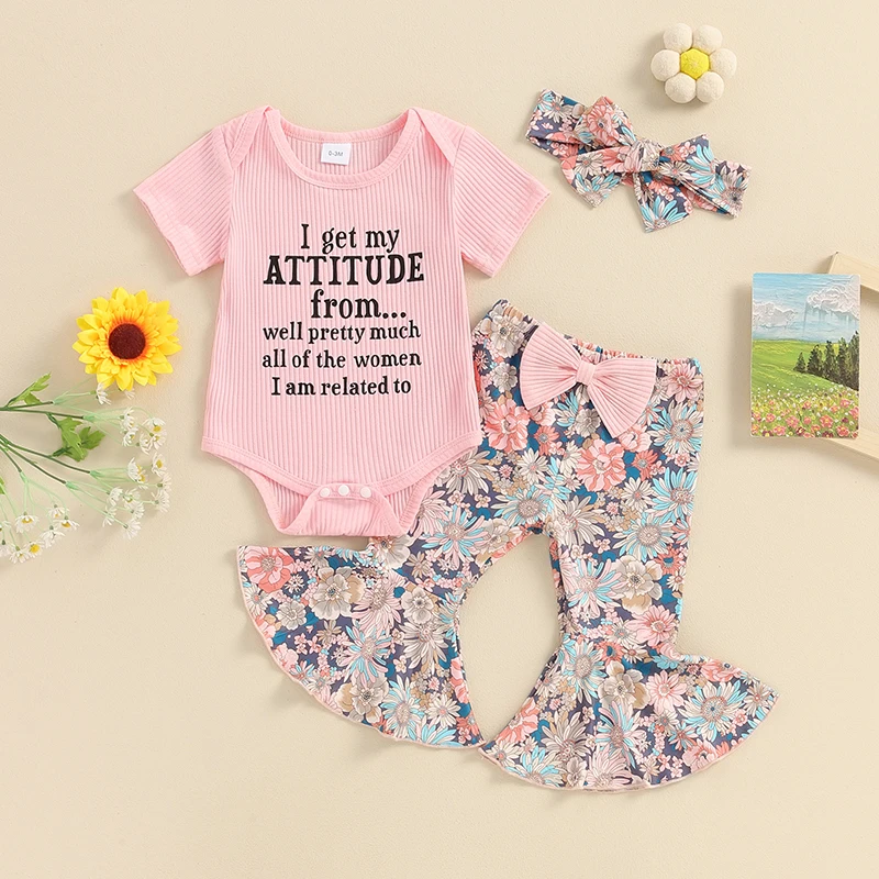 

2024-03-09 Lioraitiin Infant Baby Girl Clothes Suspenders Short Sleeve Ribbed Romper Flared Pants Set Headband Summer Outfit