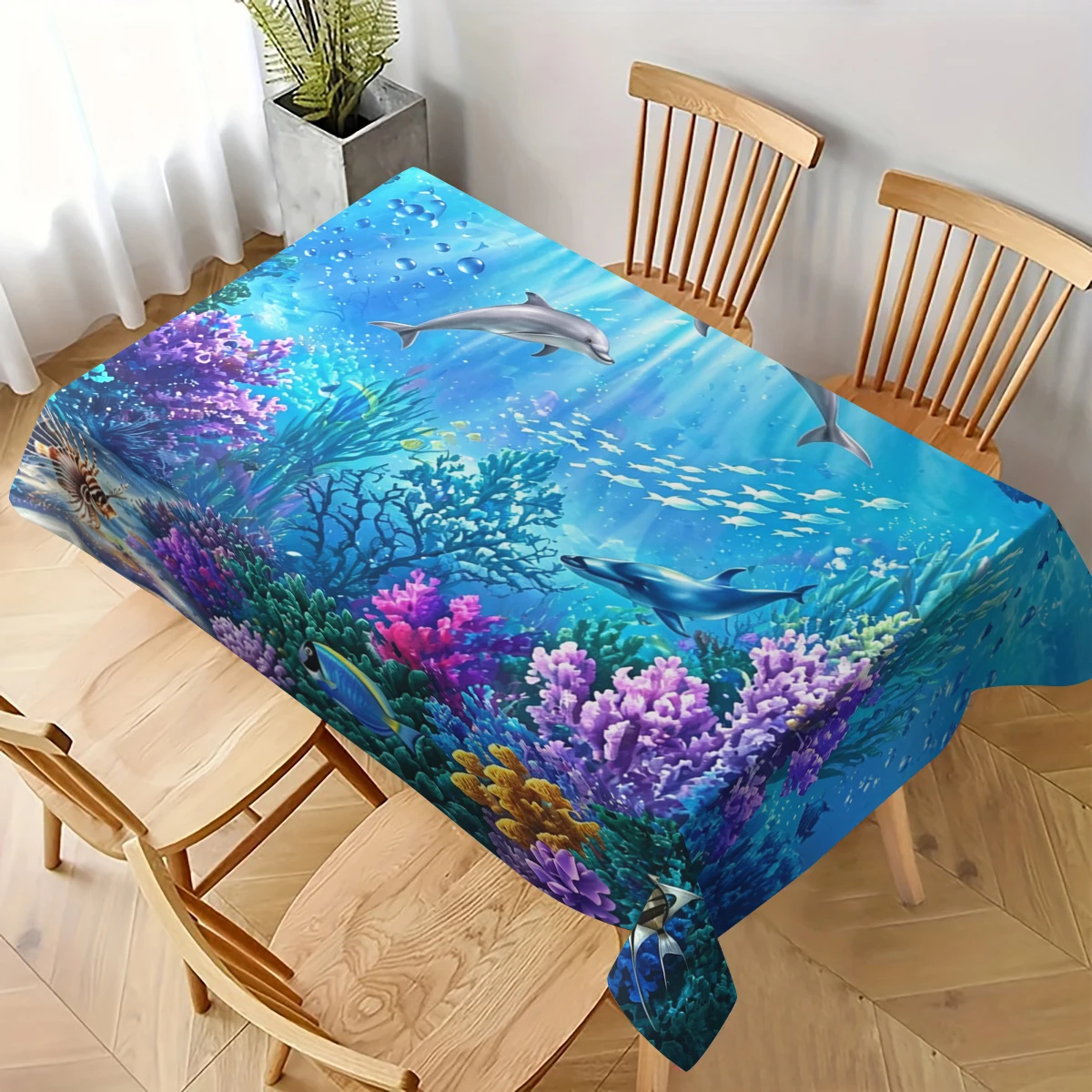 Blue Butterfly & Floral Pattern Polyester Tablecloth - Decorative Table Cover for Home Dining, Party and Daily Table Decoration