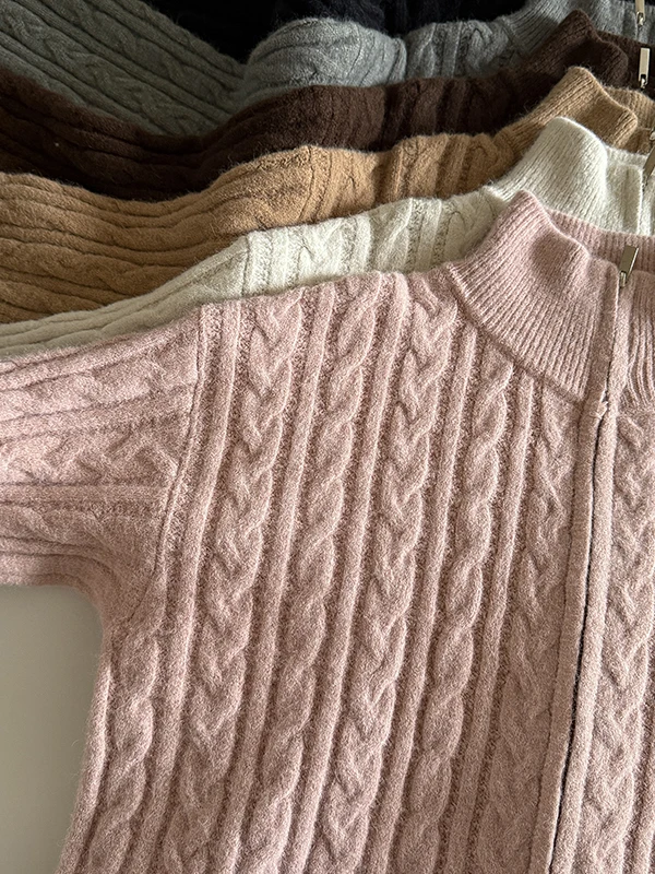 سترة محبوكة مزدوجة السحاب بلون نقي للنساء دافئة Sli الكورية Sle الخريف الشتاء وصول جديد تنوعا الوقوف طوق