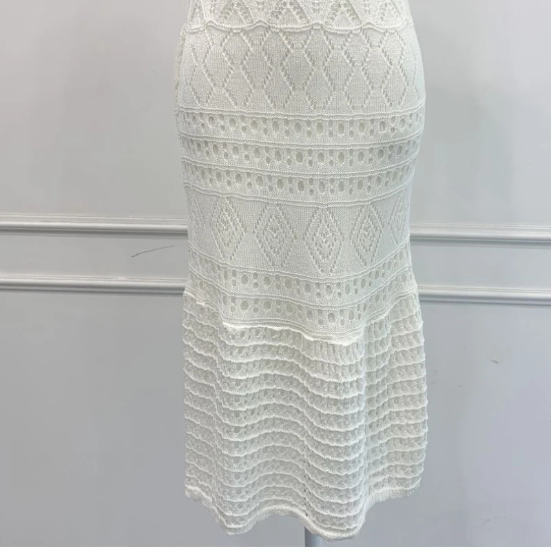 Women\'s Knit Dress 2024 Summer New Ice Silk White Short Sleeved Hollow Fashion Celebrity A-Line Knitted Dress For Women Vestidos