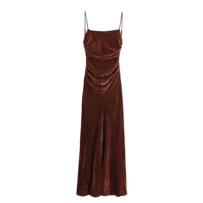 TRAF Velvet Pleated MIDI Dress for Women Autumn Backless Hanging Neck Graceful Feeling Casual Sexy Camisole Female Dresses