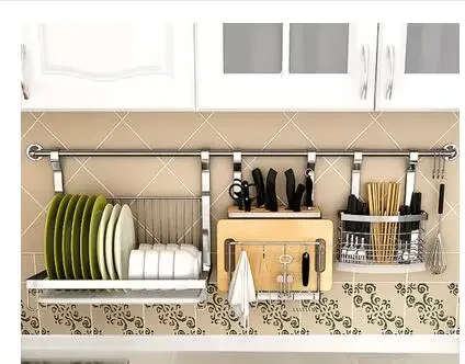 Stainless steel kitchen shelving. Wall hanging wall perforation plus thick knife rack. Seasoning rack. Hang rod