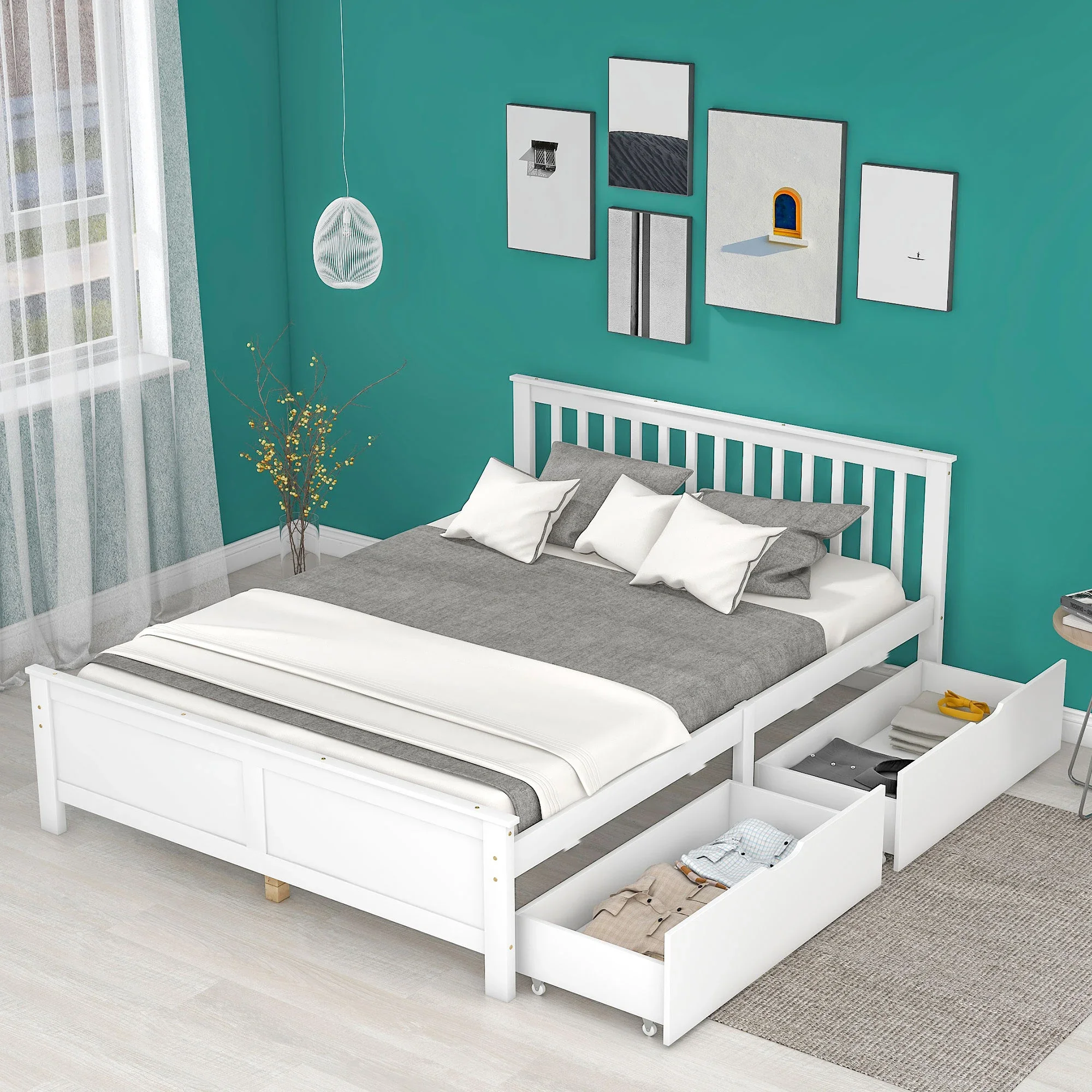 Cadre de lit double en bois blanc avec tiroirs de rangement, construction en pin massif, design minimaliste pour adolescents et adultes