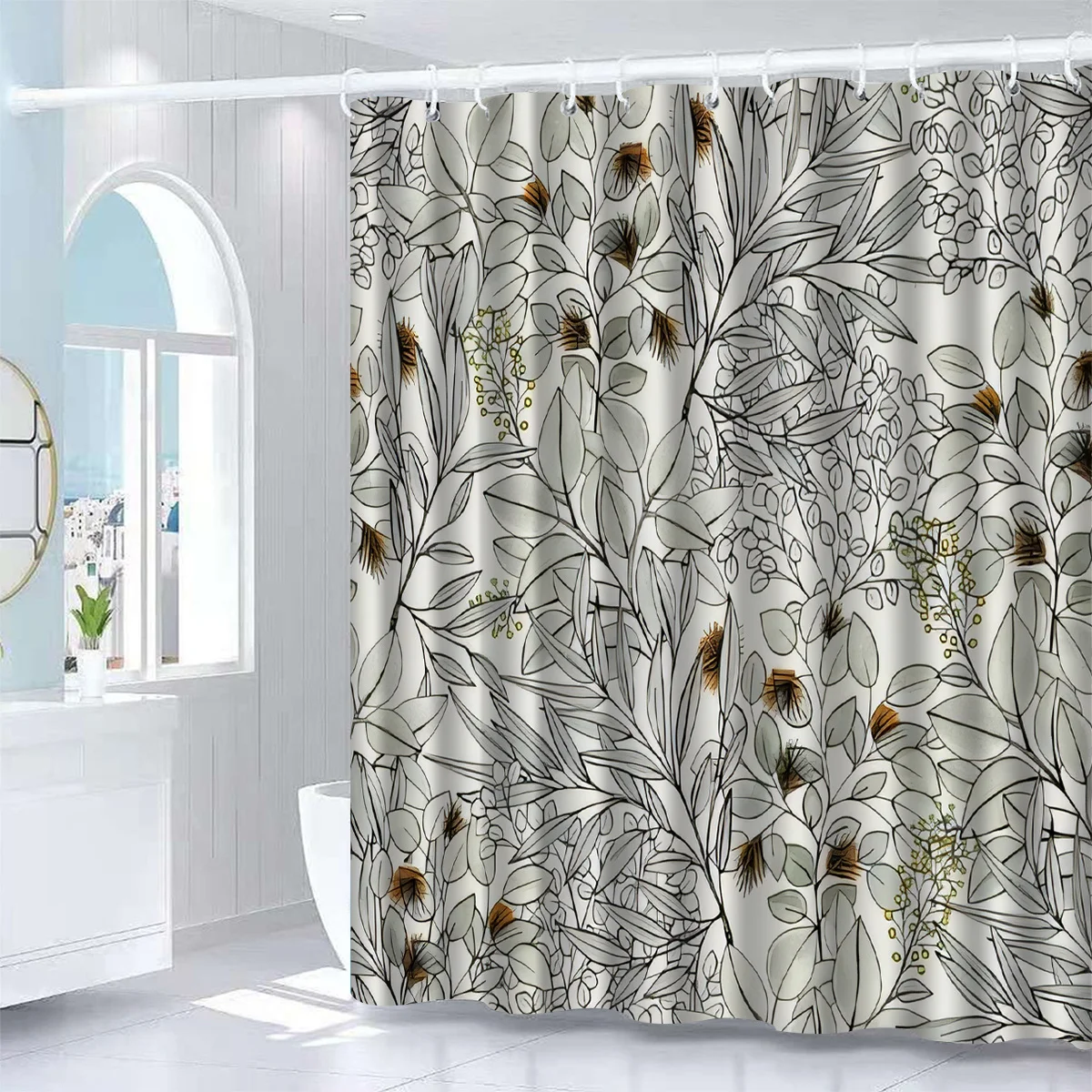 JIT1pcs White Floral Shower Curtain, High-end Elegant and Anti-fog Bathroom Curtain, Multifunctional Curtain, Bathroom Decoratio