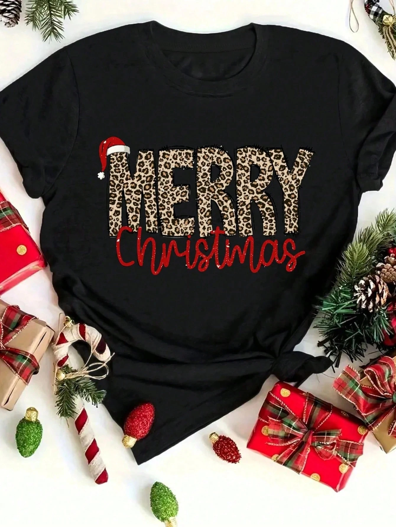 

Womens Flat Print Merry Christmas Letter Print Round Neck Short Sleeve Tee Spring Summer Loose Fit Festive Gift Ladies Apparel