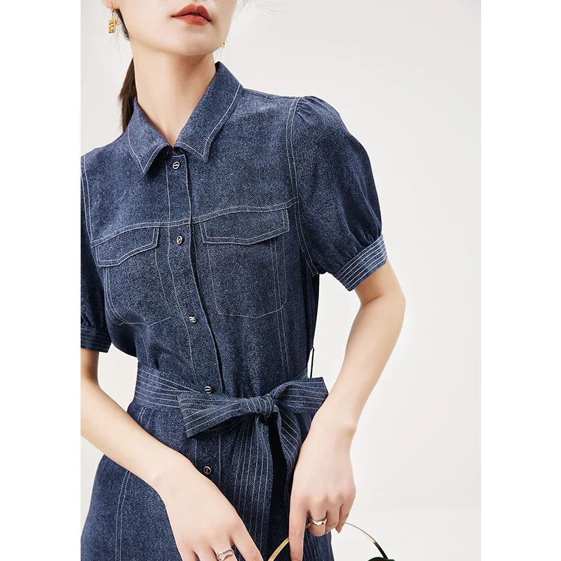 Heavyweight Silk Dress with Denim Print and Waistband Design Sense Hangzhou Mulberry Silk Summer New Women's Dress