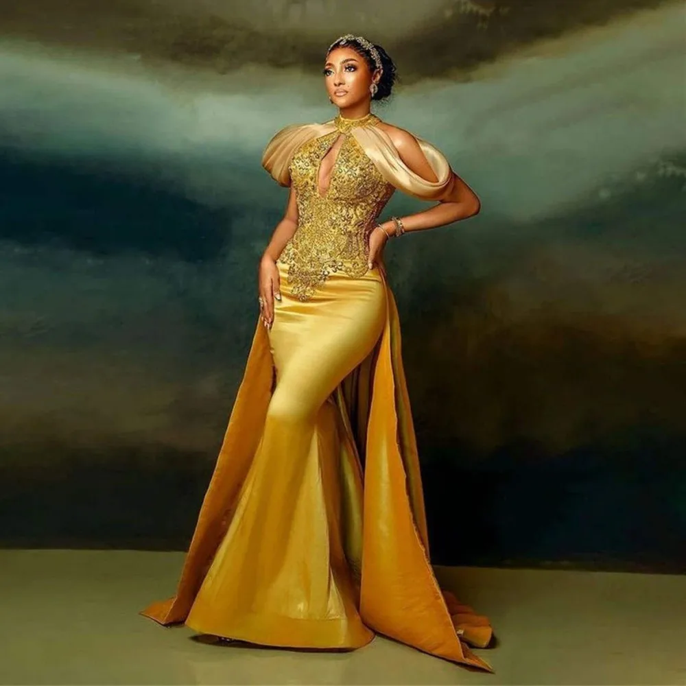 

Vintage Yellow Evening Dresses for Formal Occasion Fashion Sleeveless Chapel Train Crystal Beading Dress African Women Formal