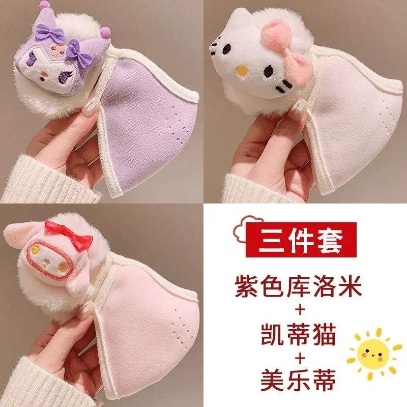 Hello Kitty Anime Kawaii MINISO Cinnamoroll Children Warm Mask Earmuff Cute Cartoon Cold Protection Thick Velvet Mask Gifts