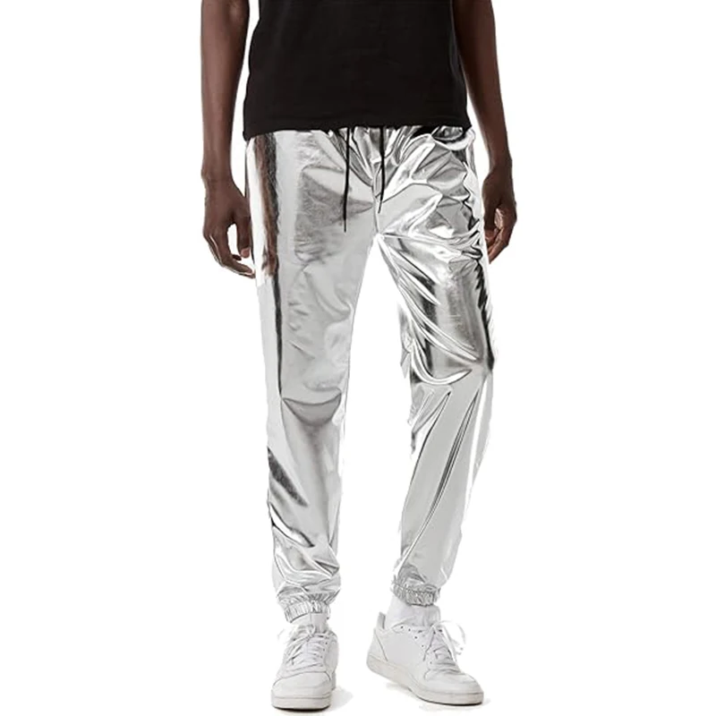 2024 Mens Metallic Shiny Jogger Sweatpants Disco Elastic Trousers cyberpunk aesthetic Fashion Pants for costume party