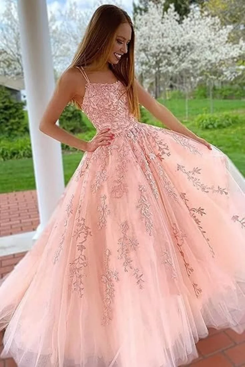 Tulle Spaghetti Straps Prom Dresses Long Lace Appliques Ball Gowns for Women