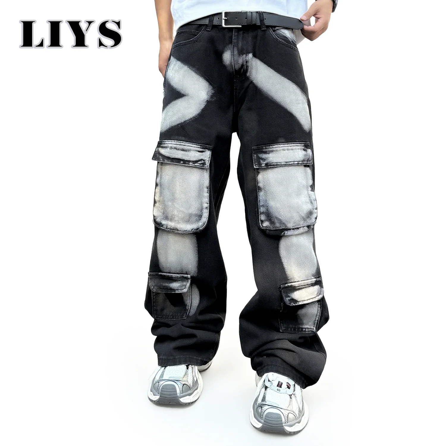 2026 Spring Summer Men's Black Straight Leg Workwear Jeans With Multiple Pockets High Street Style Splashed Ink Male Denim Pants