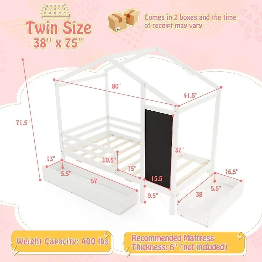 Twin Bed for Kids' Room, Solid Wood with Black Finish, Includes 2 Storage Drawers, Blackboard Surface and Safety Guardrails, Sl