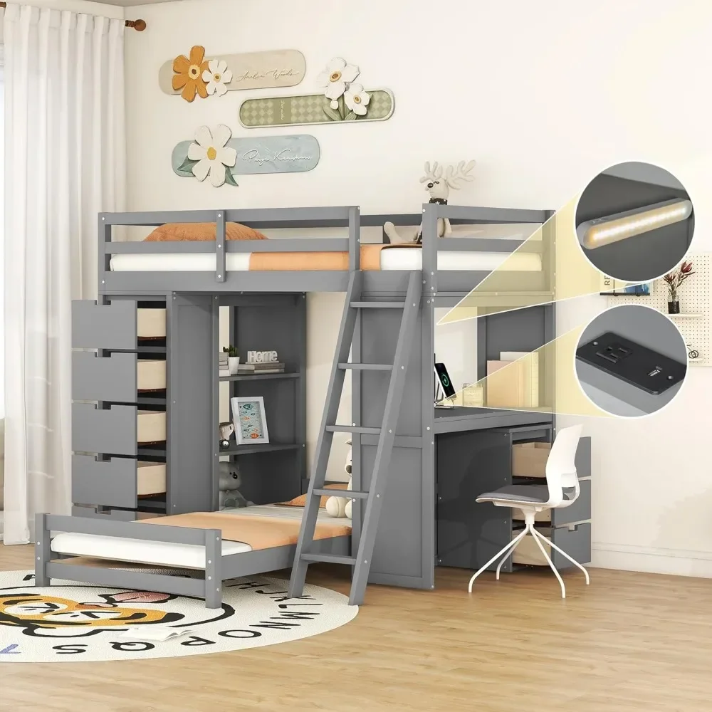 Bunk Beds with Storage,Twin,Desk,USB Ports and LED Light,L Shaped Bunk Bed for Kids,Teens,Adults,Wood Twin Loft Beds