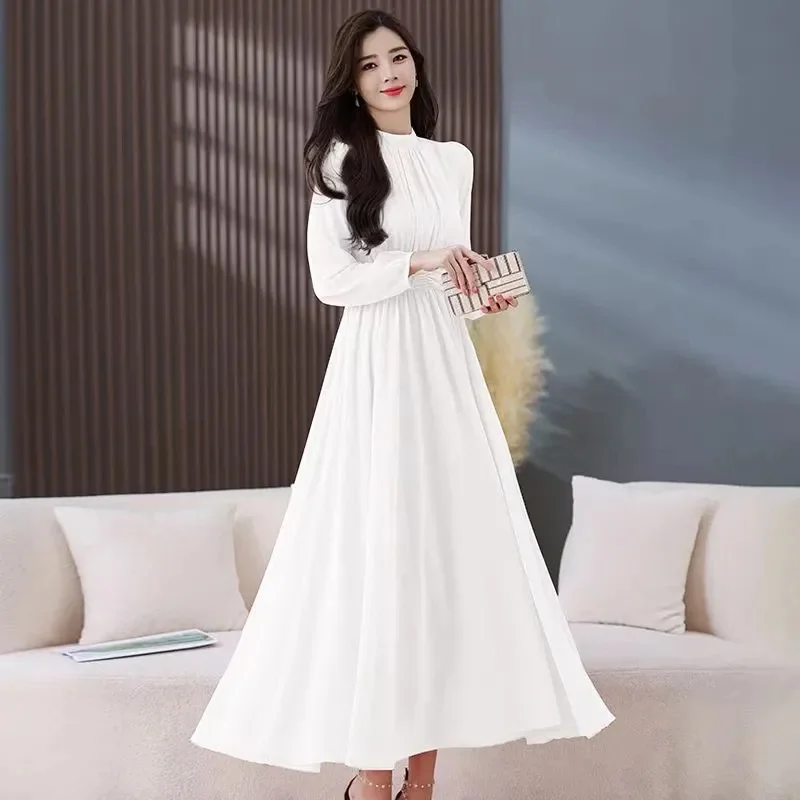 Elegantes Boho-Damenkleid mit O-Ausschnitt, schmaler elastischer Taille, A-Linie, Midikleid, Batswing, langärmelig, lässig, Urlaub, Büro, Damen-Vintage-Kleid