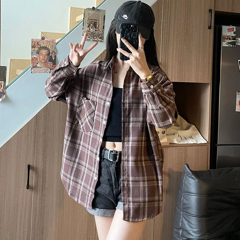 Zoki Harajuku Y2k Plaid Shirt Women Streetwear Loose Long Sleeve Vintage Blouse American Oversize Casual Bf Single Breasted Tops