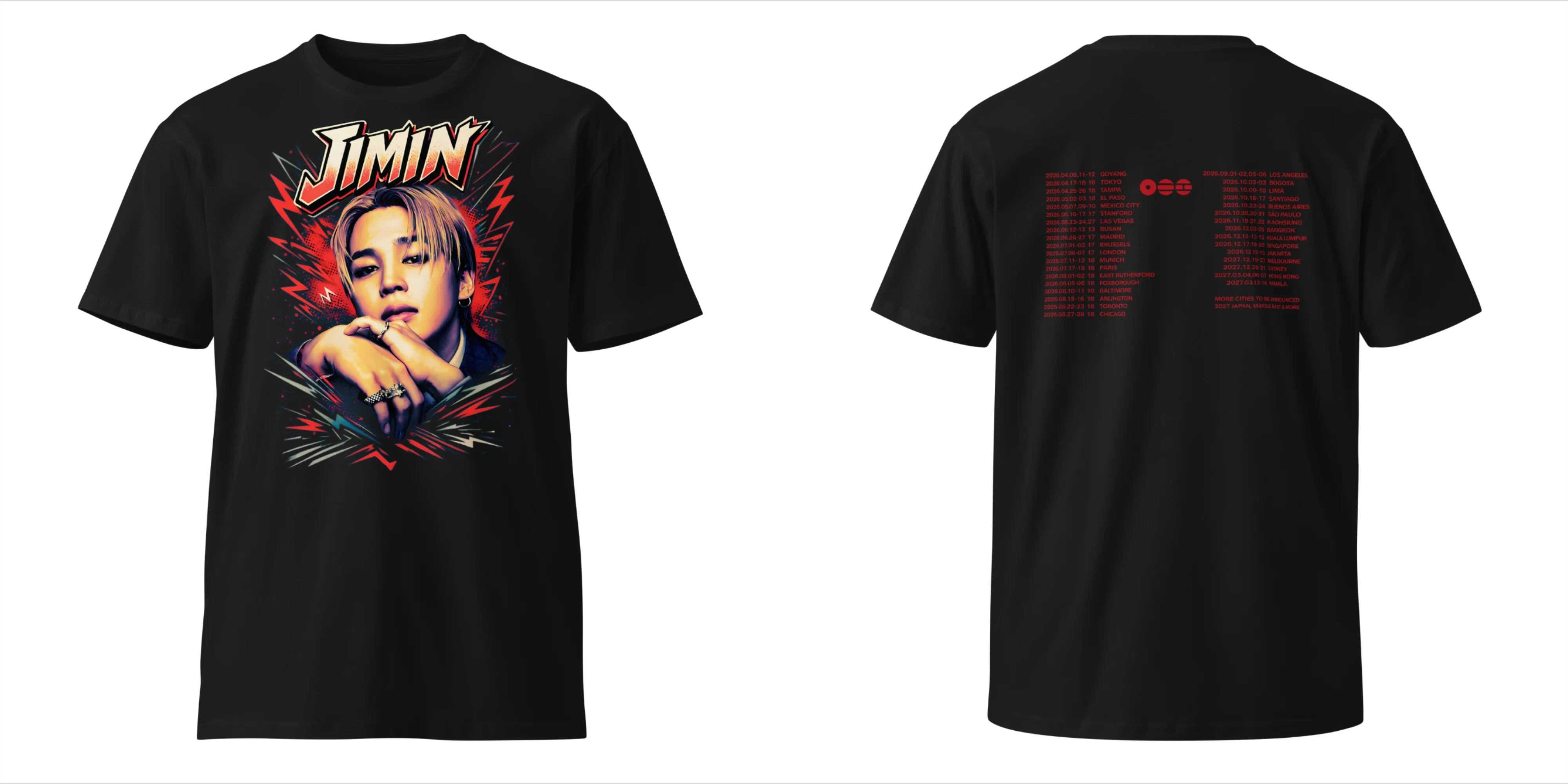 BTS Jimin Taehyung 2026 World Tour Doppelseitiges Grafik-T-Shirt mit Porträt und Tour-Städtenliste Kpop-Fans T-Shirt für Männer, Frauen und Kinder – Detail 10