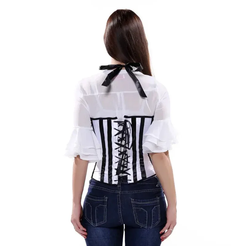 Corsetto vintage da donna, in raso, con finiture in pizzo, bustino disossato, costume rinascimentale, 036-Bianco, M