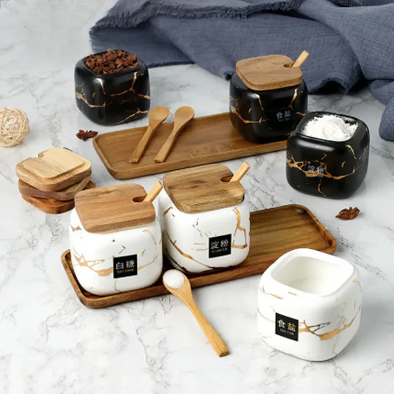 Matte marble pattern ceramic seasoning jar Set Wood Tray oil and salt shaker household Spice box kitchen bottle