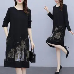 Elegant O-Neck Pockets Loose All-match Printed Ladies Dresses Women's Clothing Spring New Oversized Office Lady Midi Dress