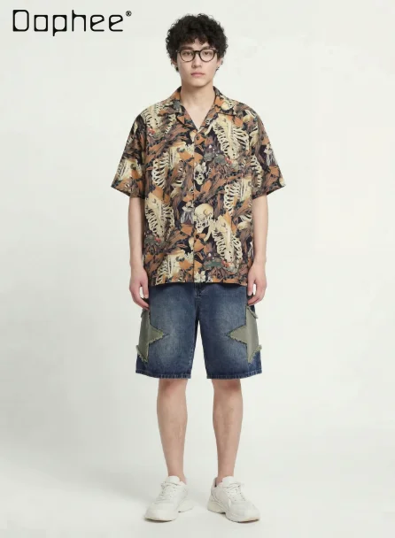 

Japanese Style Ukiyo-e Skeleton Print Casual Short Sleeve Button Down Shirt Summer New Beach Streetwear Thin Blouse for Men