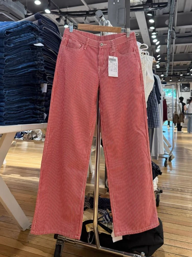 

Прямые брюки в красную полоску, женские осенние хлопковые длинные брюки с низкой талией и задними карманами, американские винтажные уличные мешковатые брюки Y2k
