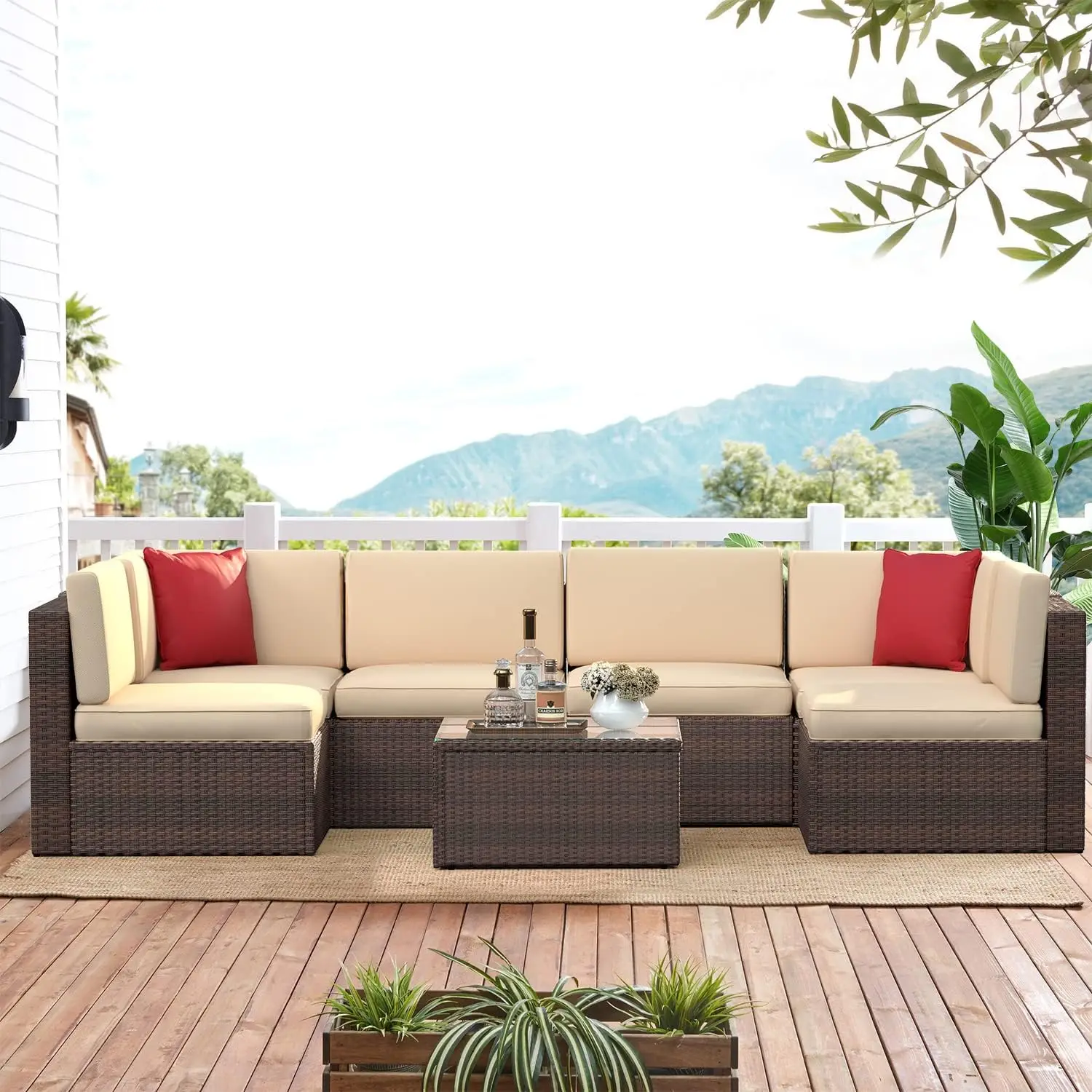 

7-Piece Patio Furniture Set Wicker Rattan Conversation Set Outdoor Sectional Sofa Removable Cushion and Tempered Glass Table