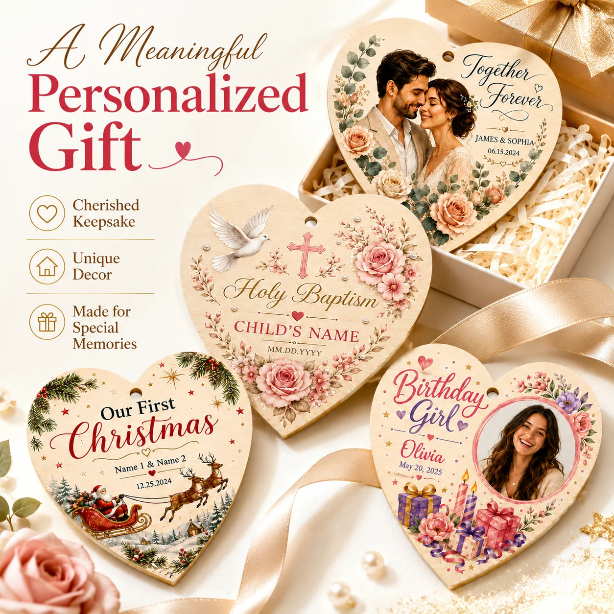 Personalized Custom Heart-Shaped Love Pendant Decorations, Suitable for Communion, Valentine's Day, Baptism, Birthdays, Festivals, Christmas, and Wedding Decorations