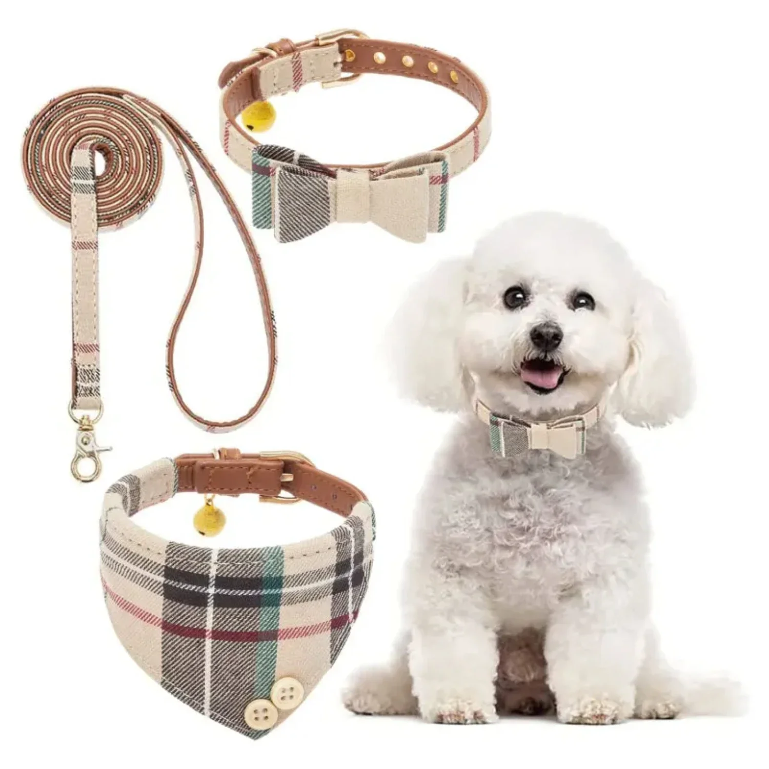 

Adorable and stylish medium-sized plaid bow-tie dog collar and leash set with cute bells and bandana for puppies and cats. Adjus