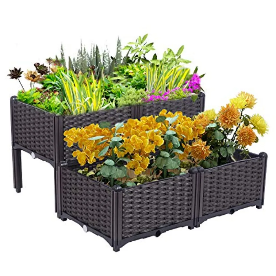 Indoor Outdoor Plastic Raised Garden Bed Kit for Vegetables Flowers Herbs Black Durable HDPE with Free Gloves 4-Pack