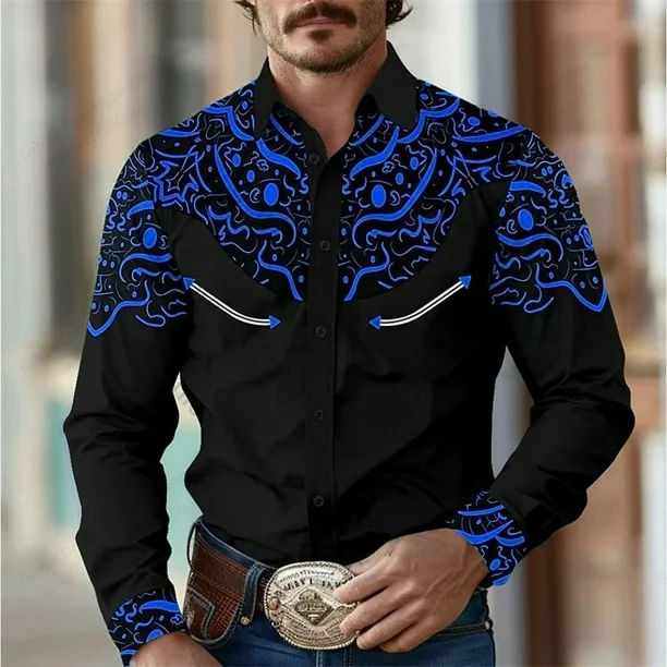 Camisa de manga longa estilo cowboy ocidental do vintage dos homens demin elegante impressão 3d camisa masculina moda havaiana camisa outwear blusa
